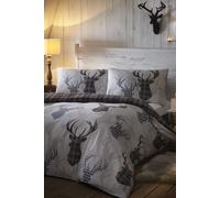 De Cama Tartan Check Stag Single Duvet Quilt Cover Bedding Set, Cotton and Polyester, Black and Grey
