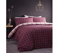 Portfolio Iona Modern Checked 100% Brushed Cotton Flannelette Duvet Cover Set Reversible Bedding, Plum, Super King