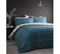 Portfolio Iona Modern Checked 100% Brushed Cotton Flannelette Duvet Cover Set Reversible Bedding, Teal, Double