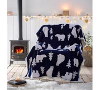 Portfolio Living Polar Bear Throw Navy Fleece Blanket Reversible Sherpa 130x170cm