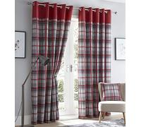 Portfolio Orleans Check Striped Fully Lined Eyelet Ring Top Curtains-Red Grey 46" Wide x 54" Drop, fabric, 46 x 54