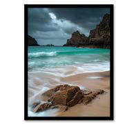 Porthcurno Beach Cliffs Dramatic Landscape Framed Art Print Artery8 Blue A4