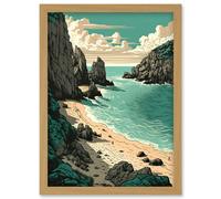 Porthcurno Beach Coastal Landscape Illustration Artwork Framed Wall Art Print A4 Artery8 Light Oak One Size