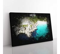 Porthcurno Beach In Cornwall Paint Splash Modern Art Canvas Wall Art Print Ready to Hang, Framed Picture for Living Room Bedroom Home Office Décor, 60x40 cm (24x16 Inch)