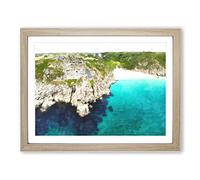 Porthcurno Beach In Cornwall Painting Modern Art Framed Print | A3 Oak Framed Wall Art | Ready to Hang | Modern Beach Picture | Living Room Bedroom Lounge Office