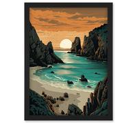 Porthcurno Beach Sunrise Coastal Landscape Artwork Framed Wall Art Print A4 Artery8 Black One Size