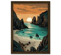 Porthcurno Beach Sunrise Coastal Landscape Artwork Framed Wall Art Print A4 Artery8 Brown One Size