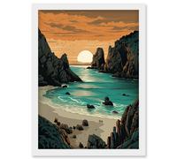 Porthcurno Beach Sunrise Coastal Landscape Artwork Framed Wall Art Print A4 Artery8 White One Size