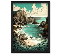 Porthcurno Granite Cliff Beach Coastal Landscape Artwork Framed Wall Art Print A4 Artery8 Black One Size