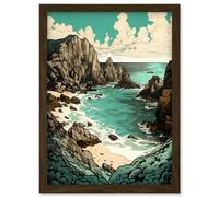 Porthcurno Granite Cliff Beach Coastal Landscape Artwork Framed Wall Art Print A4 Artery8 Brown One Size