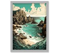Porthcurno Granite Cliff Beach Coastal Landscape Artwork Framed Wall Art Print A4 Artery8 Light Grey One Size
