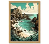 Porthcurno Granite Cliff Beach Coastal Landscape Artwork Framed Wall Art Print A4 Artery8 Light Oak One Size