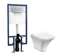 Porthill Rimless Wall Hung Toilet Pan, Soft Close Seat & Concealed Cistern With Square Push Button Plate, 355mm - Balterley