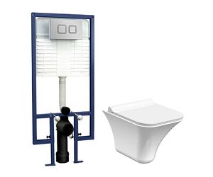 Porthill Rimless Wall Hung Toilet Pan, Soft Close Seat & Concealed Cistern with Square Push Button Plate, 355mm - Balterley