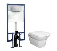 Porthill Round Wall Hung Toilet Pan, Soft Close Seat & Concealed Cistern with Round Push Button Plate, 400mm - Balterley