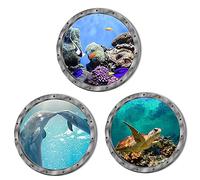 Porthole Stickers 3 Pcs Ocean World Wall Art Bathroom Sea Stickers Porthole Window Sticker 3D Under The Sea Nature Scenery Wall Decals