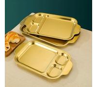 Portion control stainless steel baking tray with divided sections, designed for Korean barbecue style cooking, microwave, oven, and dishwasher safe for convenient use (Silver4)
