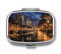 Portland at Night Pill Box with 2 Compartments Portable Metal Medicine Organizer for Pocket Purse and Travel Compact Pill Case and Fish Oil Vitamins Supplements