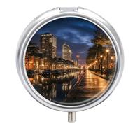 Portland at Night Pill Organizer Portable Pill Box Round Pill Case Exquisite Waterproof Travel Medicine Organizer Fashion Metal Pill Container for Vitamins Medicine Box