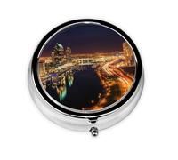 Portland at Night Printed Round Pill Organizer with 3 Compartments, Portable Mini Pill Box Pill Case for Medicine, Vitamin, Fish Oil, Supplements