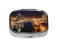 Portland at Night Printed Square Pill Organizer with 2 Compartments, Portable Mini Pill Box Pill Case for Medicine, Vitamin, Fish Oil, Supplements