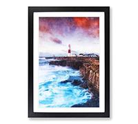 Portland Bill Lighthouse in Dorset Abstract Painting Framed Print | A2 Black Framed Wall Art | Ready to Hang | Abstract Cityscape Picture | Living Room Bedroom Lounge Office