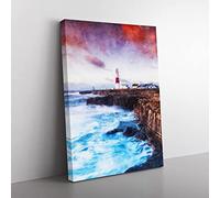 Portland Bill Lighthouse In Dorset Abstract Painting Modern Canvas Wall Art Print Ready to Hang, Framed Picture for Living Room Bedroom Home Office Décor, 50x35 cm (20x14 Inch)