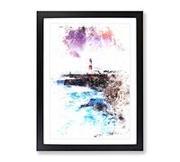 Portland Bill Lighthouse In Dorset Abstract Watercolour Modern Framed Wall Art Print, Ready to Hang Picture for Living Room Bedroom Home Office Décor, Black A4 (34 x 25 cm)