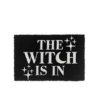 Portland Living The Witch Is In Doormat, 60cm Halloween Black Entry Mat with White Sparkle Text and Crescent Moon