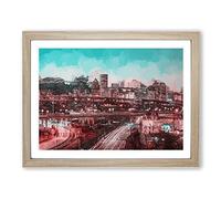 Portland Oregon At Night In Abstract Modern Art Framed Wall Art Print, Ready to Hang Picture for Living Room Bedroom Home Office Décor, Oak A2 (64 x 46 cm)