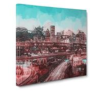 Portland Oregon at Night in Abstract Modern Canvas Wall Art Print Ready to Hang, Framed Picture for Living Room Bedroom Home Office Décor, 14x14 Inch (35x35 cm)