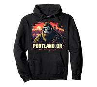 Portland Oregon Cool Bigfoot with Downtown and Mountains Pullover Hoodie