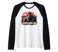 Portland Oregon Cool Bigfoot with Downtown and Mountains Raglan Baseball Tee