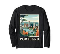 Portland Oregon Skyline Bridge River Retro City Art Long Sleeve T-Shirt