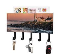 Portland River Lighthouse Sunrise Key Holder Wall Mount PU Leather Adhesive Key Rack with 5 Hooks Decorative Keys Storage Holder Mail Organizer Decor for Entryway Hallway Office Kitchen Black