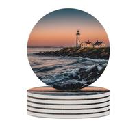 Portland River Lighthouse Sunrise Round Ceramic Stone Coaster Absorbent Drink Coaster with Cork Base Heat-Resistant Beverage Cup Mats for Hot Cold Drinks Bar Home Office Table Decor 6PCS