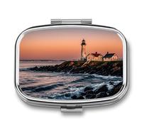 Portland River Lighthouse Sunrise Square Pill Box Travel Portable Pill Case 2 Compartment Medicine Metal Tablet Vitamin Holder Organizer for Purse Pocket