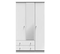 Portland Tall Triple 2 Drawer Mirrored Wardrobe In White & White Matt (Ready Assembled)