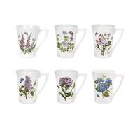 Portmeirion Botanic Garden 10oz Mandarin Shape Mug - Set of 6 | Assorted Floral Motifs | Fine Earthenware | Dishwasher, Microwave, Freezer, Oven Safe | Made in England