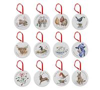 Portmeirion Home & Gifts WN4023-XG Wrendale 12 Days of Christmas Decorations, Bone China, Multi Coloured, 0.5 x 7 x 7 cm