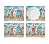 Portmeirion x Pimpernel Beach Huts Large Placemats Set of 4, Cork Backed Table Mats, Heat & Stain Resistant Table Protection, Coastal Seaside Design, 40 x 30 cm