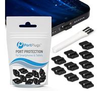 PortPlugs USB-C Dust Plugs - Easy-Grip Design with Cleaning Brush for iPhone 16/15 Plus/Pro Max, Samsung Galaxy S25/S24, A15, Pixel, iPad & Type-C Devices | Black (10-Pack)