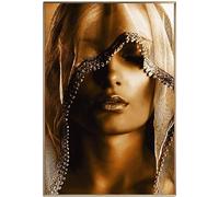 Portrait Art Wall Decor, Beautiful Portrait of Female American Woman Cover Your Eyes with A Veil Framework Photo Print On Canvas Modern Artwork Decor, No Frame, Golden,A,70x100cm