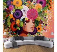 Portrait of A Woman with Flowers Wallpaper Pink (150×105 Cm) - Abstract Flowers, Decorative Wallpaper, Silk Fabric,Suitable for Living Room, Bedroom, Bathroom, and Office Walls