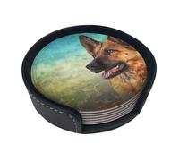 Portrait Of German Shepherd Dog Print,Set of 6 Round Coasters, Pu Leather Drinks Coasters with Holder for Home Office Kitchen