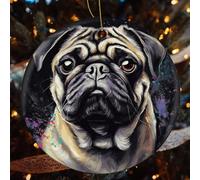 Portrait of Pug Ceramic Christmas Ornaments - 4 Pcs Rustic Round Xma Tree Decor with Hanging String, Personalized Vintage Double-Sided Holiday Party Decorations for Xmas Gifts