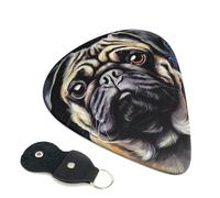 Portrait Of Pug Guitar Picks 6 Pack with Leather Guitar Pick Holder Keychain, Plectrum Key Fob Cases Bag, Abstract Art Plectrum for Acoustic Electric Guitar, Ukulele 0.71mm
