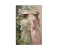 Portrait of Two Elegant Women from The Romantic Era Vintage Victorian Fashion, Friendship, Soft Pink And Green Poster Canvas Poster Wall Art Decor Print Picture Paintings for Living Room Bedroom Decor