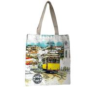 Portugese Traditional Symbols Tote Bags - Colorful Patterns Shopping Travel Hand Bags with Zipper & Sling, City Tram, One Size
