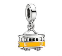 Portuguese Lisbon City Tram Charm Bead for Pandora Moments Bracelets Elegantly Plated in Fine Silver with Vibrant Yellow Enamel Her Girls Women - Happy Birthday Gift Box
